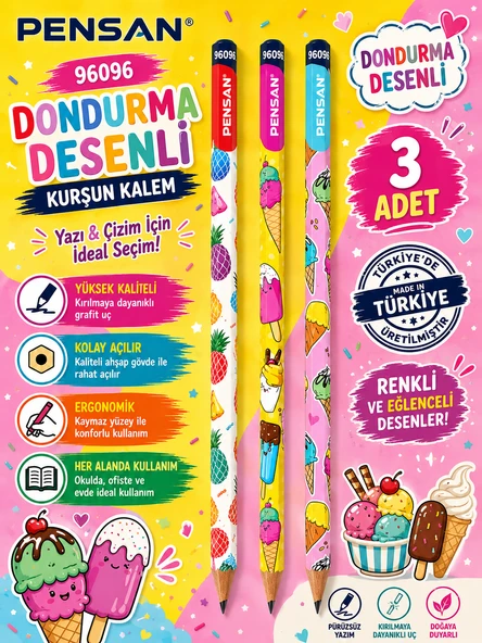 Pensan 96096 Dondurma Desenli HB Kurşun Kalem Yazı ve Çizim Kalemi Okul Kırtasiye 3 Adet ürün görseli 1