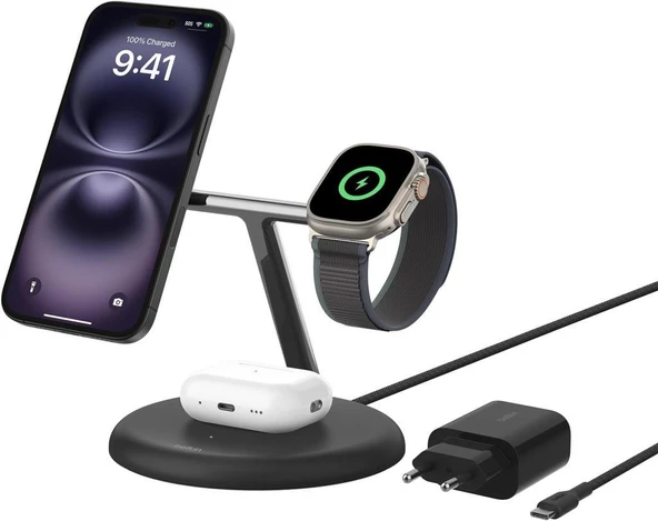 Belkin BoostCharge Pro Qİ2 WIZ023VFBK MagSafe 3in1 Kablosuz Hızlı Şarj Aleti Teşhir ürün görseli 1