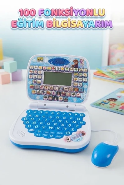 Türkçe İngilizce 100 Fonksiyonlu Eğitici Çocuk Laptopu Mavi Frozen Temalı Akıllı Oyuncak Bilgisayar ürün görseli 1