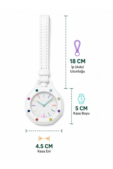 royal pop Beyaz Renkli Detaylı Askılı Cep Saati Hemşire Saati Çanta Ve Pantolon Aksesuarı Anahtarlık Unisex Sekizgen Saat ürün görseli 1