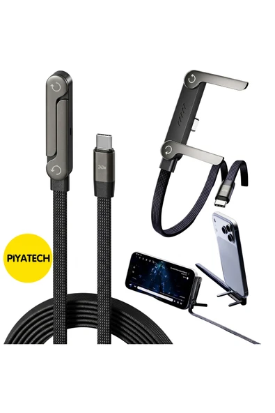 Piyatec 240W Hızlı Şarj Kablosu Entegre Katlanabilir Telefon Standlı 90 Derece Dirsek Tasarımlı Örgü Data Kablosu ürün görseli 1