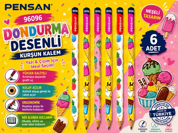 Pensan 96096 Dondurma Desenli HB Kurşun Kalem Yazı ve Çizim Kalemi Okul Kırtasiye 6 Adet ürün görseli 1