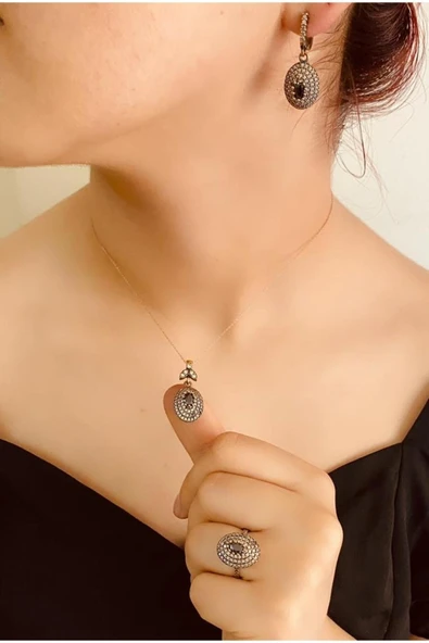 Bay hediye Safir Taşlı 925 Ayar Gümüş Üçlü Otantik Set Takı ürün görseli 1