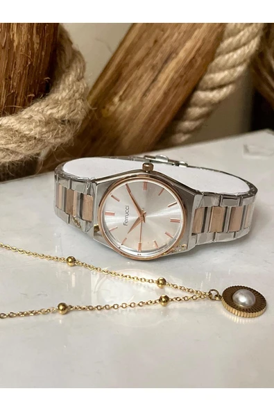 Ferrucci Silver&Rose Çelik Klasik Model Kadın Kol Saati+%100 Çelik İncili Kolye ürün görseli 1