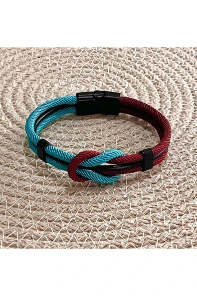Bay hediye Bordo Mavi Taraftar Temalı Deri&Makreme Düğüm Model Bileklik (Net 21cm) ürün görseli 1