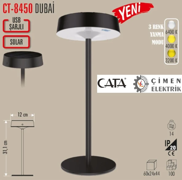 Cata Ct 8450 Dubai Solar Şarjlı Masa Lambası 6400k-3200k-amber ürün görseli 1