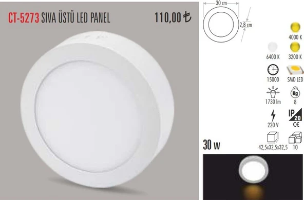 Cata Ct-5273 30 Watt Sıva Üstü Led Armatür Yuvarlak Beyaz Işık N11.161 ürün görseli 1