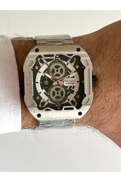 Ferrucci Kare Kadran Gümüş&Yeşil Renk Fonksiyonları Aktif Takvimli 45mm Kasa Çap Erkek Kol Saati ürün görseli 1