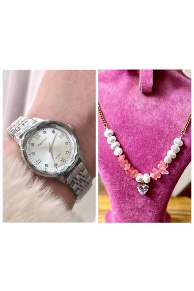 Ferrucci Kristal Efektli Taşlı Kadran Kadın Kol Saat+Çelik Kolye Hediye ürün görseli 1