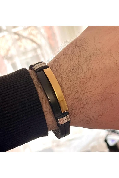Bay hediye Trend Model Çelik ve Deri Mixli Erkek Bileklik 22 cm ürün görseli 1