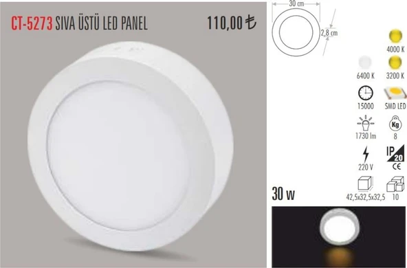 Cata Ct-5273 30 Watt Sıva Üstü Led Armatür Metal Yuvarlak (408152331) Beyaz ürün görseli 1