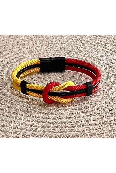 Bay hediye Sarı Kırmızı Taraftar Temalı Deri&Makreme Düğüm Model Bileklik (Net 21cm) ürün görseli 1