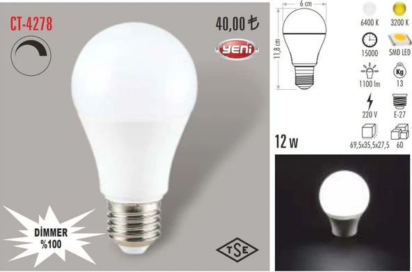 Cata Ct-4278 12 Watt Dim Edilebilir Led Ampul E27 Beyaz ürün görseli 1
