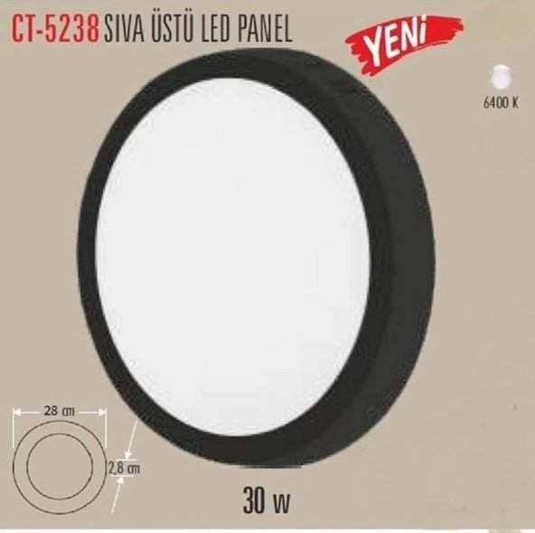 30 Watt Sıva Üstü Yuvarlak Panel Led Armatür Ct-5238 Alüminyum Siyah Kasa Beyaz Işık Diğer ürün görseli 1