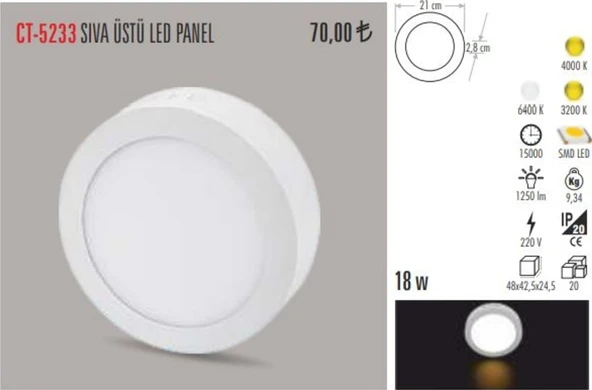 Cata Ct-5233 18 Watt Led Panel Armatür Sıva Üstü 8 Inç (470950514) Beyaz ürün görseli 1
