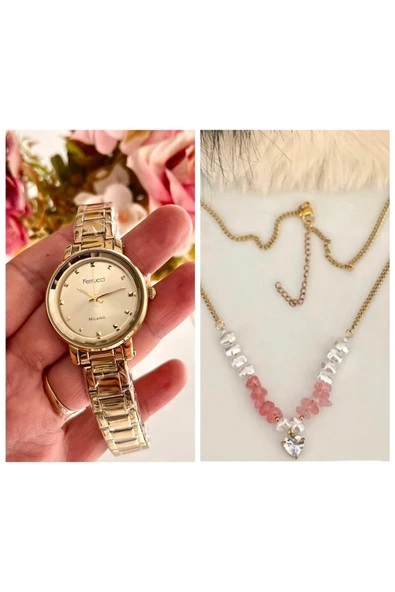 Ferrucci Gold Renk Çelik Kristal Kadranlı Kadın Kol Saati+İincili %100 Çelik Kolye Hediye ürün görseli 1
