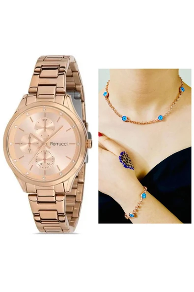 Ferrucci Rosegold Çelik Kadın Kol Saat+Nazarlıklı Set Hediyeli ürün görseli 1
