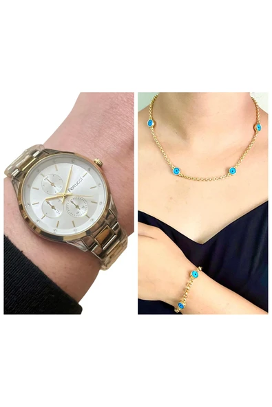 Ferrucci Silver&Gold Çelik Kordon Kadın Kol Saat+Nazarlıklı Set Hediye ürün görseli 1