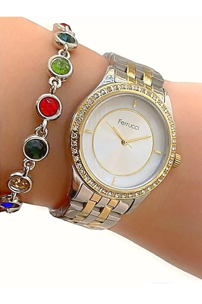 Ferrucci 1. Sınıf Çelik Taşlı Şık Kadın Kol Saat+Bileklik ürün görseli 1
