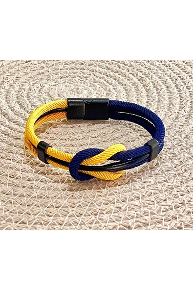 Bay hediye Sarı Lacivert Taraftar Temalı Deri&Makreme Düğümlü Bileklik (Net 21cm) ürün görseli 1