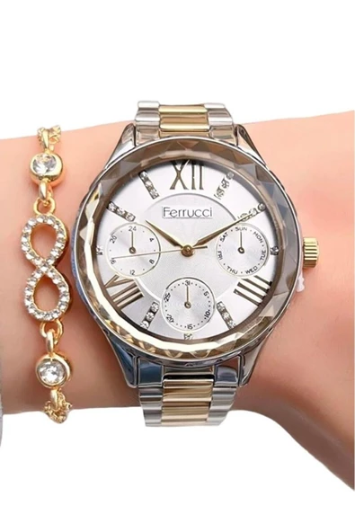 Ferrucci 1. Sınıf Çelik Zirkon Taşlı Şık Yeni Sezon Kadın Kol Saat+Bileklik ürün görseli 1