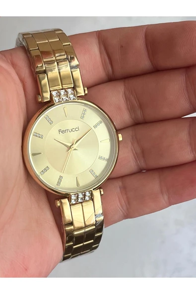 Ferrucci Gold Renk Çelik Kordon Taşlı Şık Kadın Kol Saat+Bileklik Hediyeli ürün görseli 1