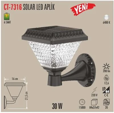 Cata Ct 7316 Solar Duvar Armatür 30w 6400k Beyaz Işık Siyah ürün görseli 1