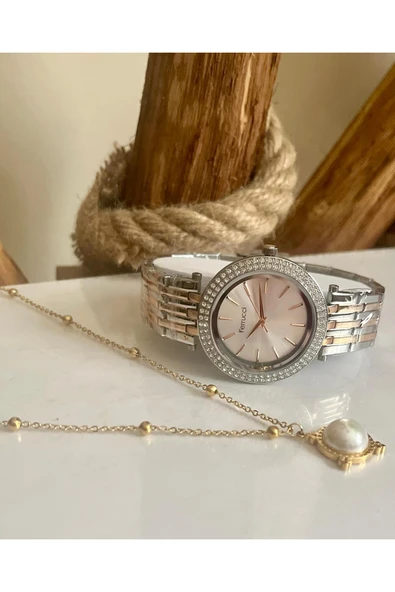 Ferrucci Rose&Silver Çelik Büyük Kasalı Kadın Kol Saati+%100 Çelik Kolye Hediyeli ürün görseli 1