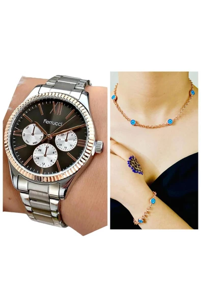Ferrucci 1. Sınıf Çelik Şık Yeni Sezon Kadın Kol Saat+Nazarlıklı Set ürün görseli 1