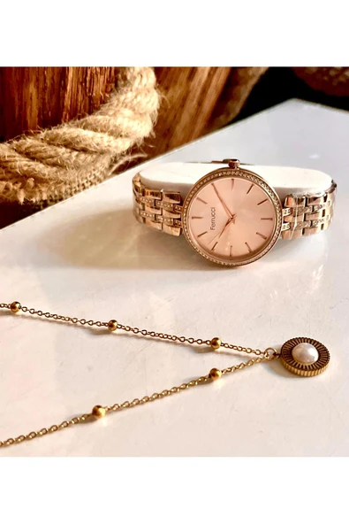 Ferrucci Rosegold Çelik Şık Klasik Kadın Kol Saati+%100 Çelik Kolye Hediyeli ürün görseli 1