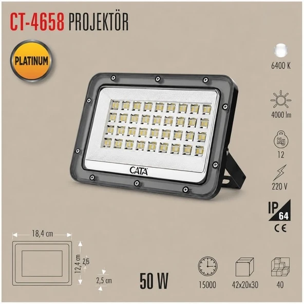 Cata Ct-4658 50W Slim Led Projektör (Beyaz) ürün görseli 1