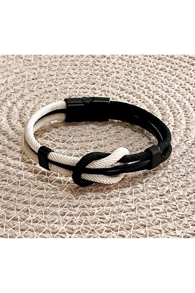 Bay hediye Siyah Beyaz Taraftar Temalı Deri&Makreme Düğüm Model Bileklik (Net 21cm) ürün görseli 1