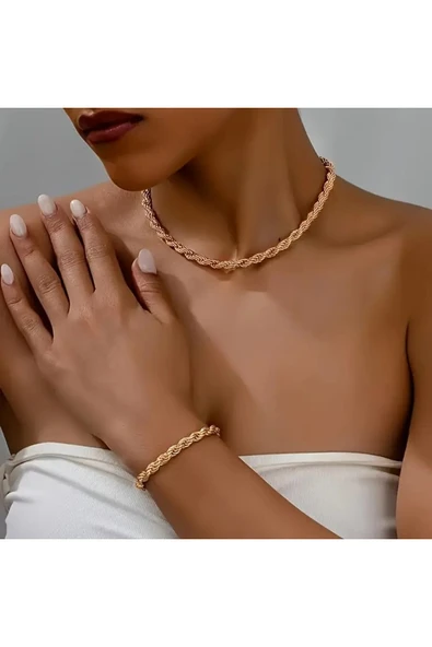 Bay hediye Unisex Rosegold Kalın (3mm) Burgu Çelik Kolye Ve Bileklik Set ürün görseli 1