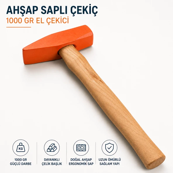 Ahşap Saplı Çekiç 1000 Gr Dayanıklı El Çekici Çivi Çakma ürün görseli 1