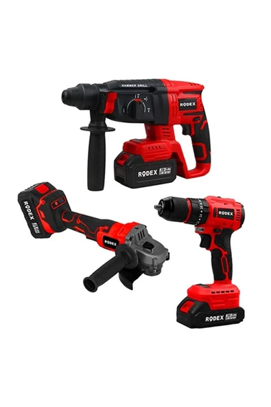 Rodex RDX3003 A.K 3'LÜ MAKİNE SETİ 20V 2x4.0Ah LI-ION D.MATKAP 45NM KIRICI DELİCİ 2.5J AVUÇ TAŞLAMA 125MM ürün görseli 1