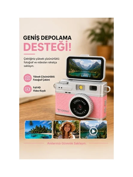 Torima Mini Dijital Kamera 2K Video Çözünürlüğü ile Flip Ekranlı Selfie Video Vlog Kamerası CMR49 Pembe ürün görseli 1