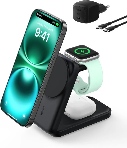 Belkin Ultracharge Pro Magsafe Uyumlu 3'ü 1 Arada Qi2 25W Kablosuz Şarj Cihazı, iPhone 17, Apple Watch, Airpods, Pixelsnap, Seyahat ve Masaüstü Standı, 45W Adaptör, Siyah Teşhir ürün görseli 1