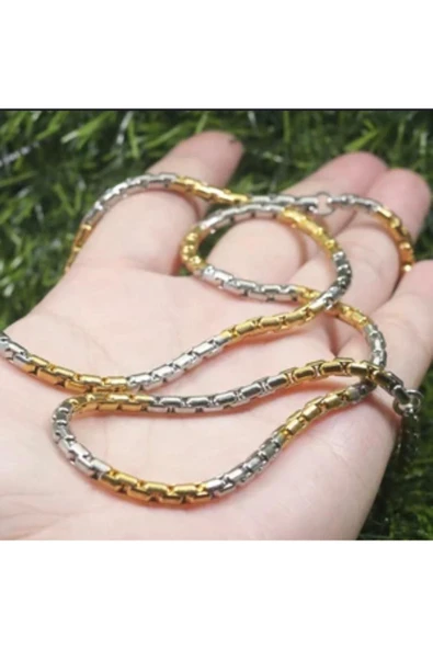 Bay hediye Gold&Gümüş Mixli 1.sınıf Örme Çelik Erkek Kolye Ve Bileklik Set ürün görseli 1