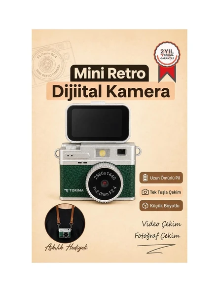 Torima Mini Dijital Kamera 2K Video Çözünürlüğü ile Flip Ekranlı Selfie Vlog Kamerası CMR49 Koyu Yeşil ürün görseli 1