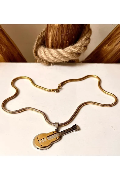 Bay hediye Kalın Çelik Burgu Zincir-Gitar Figürlü Unisex 316L Çelik Kolye 55cm ürün görseli 1