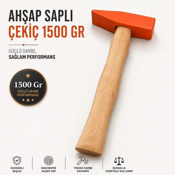 Ahşap Saplı Çekiç 1500 Gr Dayanıklı El Çekici Çivi Çakma ürün görseli 1