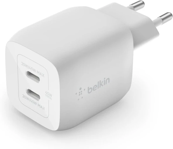 Belkin 45 W USB-C şarj cihazı, 2 bağlantı noktalı, Power Delivery 3.0 ve GaN teknolojisi ile iPhone 14/14 Plus, 13, Pro, Pro Max, mini, iPad Pro 12.9, 11, MacBook, Galaxy S22, Tab vb. için hızlı şarj ürün görseli 1