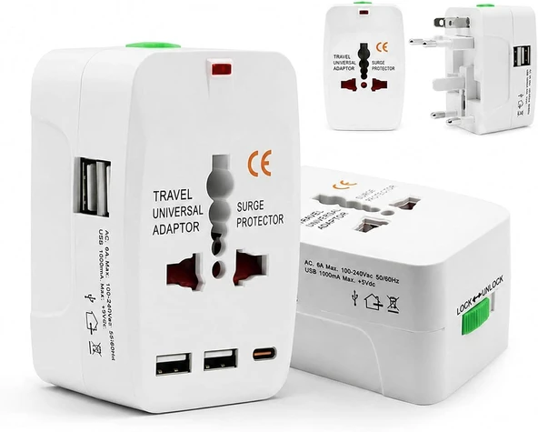 Coverzone Akım Korumalı ENT- Universal Fiş Çoklu Priz CV640 Priz Çevirici Dönüştürücü 2 Port USB Kompakt Tasarım Amerikan Fişi, İngiliz, Türkiye 125V - 250V 13A ürün görseli 1