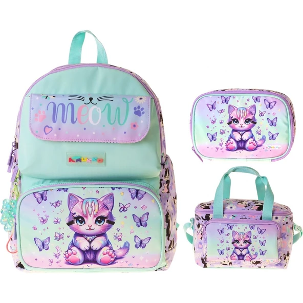 Kids Meow(Yeşil - Mor Renk) Kız Çocuk Üçlü Ilkokul Okul Çantası Seti/takımı - SETKK-L5288D ürün görseli 1