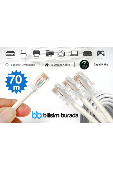 kruxon 70 Metre CAT6 Gigabit Ethernet İnternet Kablosu 1000 Mbps RJ45 Modem Router PC Laptop TV Uyumlu ürün görseli 1