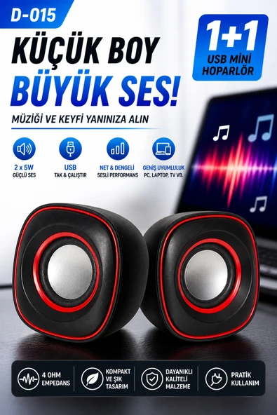 kruxon D-015 1+1 USB Mini Hoparlör 2x5W Güçlü Ses 4 Ohm PC Laptop Telefon Uyumlu ürün görseli 1