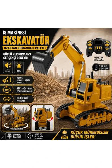 kruxon Uzaktan Kumandalı Paletli Oyuncak Ekskavatör Kepçe | 360° Dönen, Sesli, RC İş Makinesi ürün görseli 1