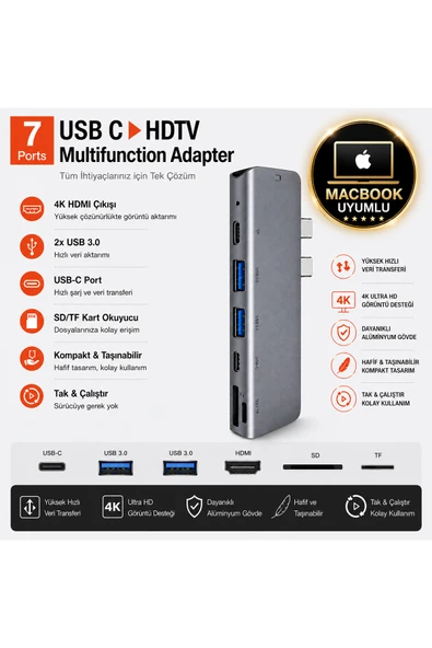 kruxon 7İN 2 TYPE C ÇEVİRİCİ 7 Port USB-C HDMI Çoklayıcı Hub Adaptör 4K Ethernet SD TF MacBook Uyumlu ürün görseli 1