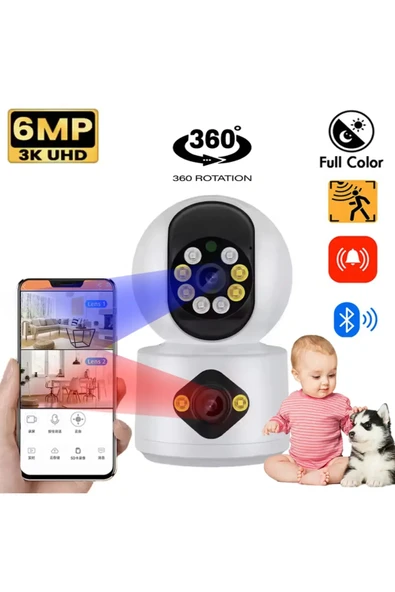İMEXTECH Çift Kameralı gece renkli görüşlü 6 mp Full HD Bebek, Evcil Hayvan, Bakıcı ev güvenlik kamerası ürün görseli 1