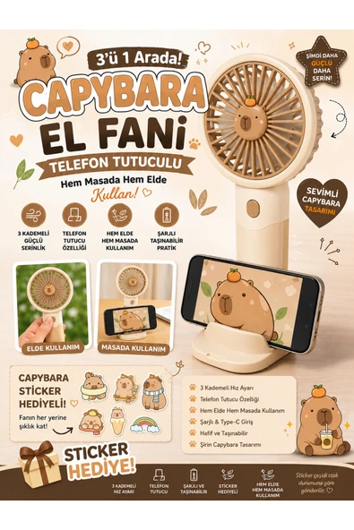 kruxon Capybara Mini El Fanı Telefon Tutuculu | 3 Kademeli Şarjlı | Masa Standlı | Sticker Hediyeli ürün görseli 1